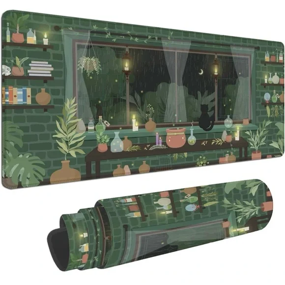 Desk Mat Cute Kawaii Green Plant Mouse Pad Large Gaming Desk Pad, - Picture 1 of 2